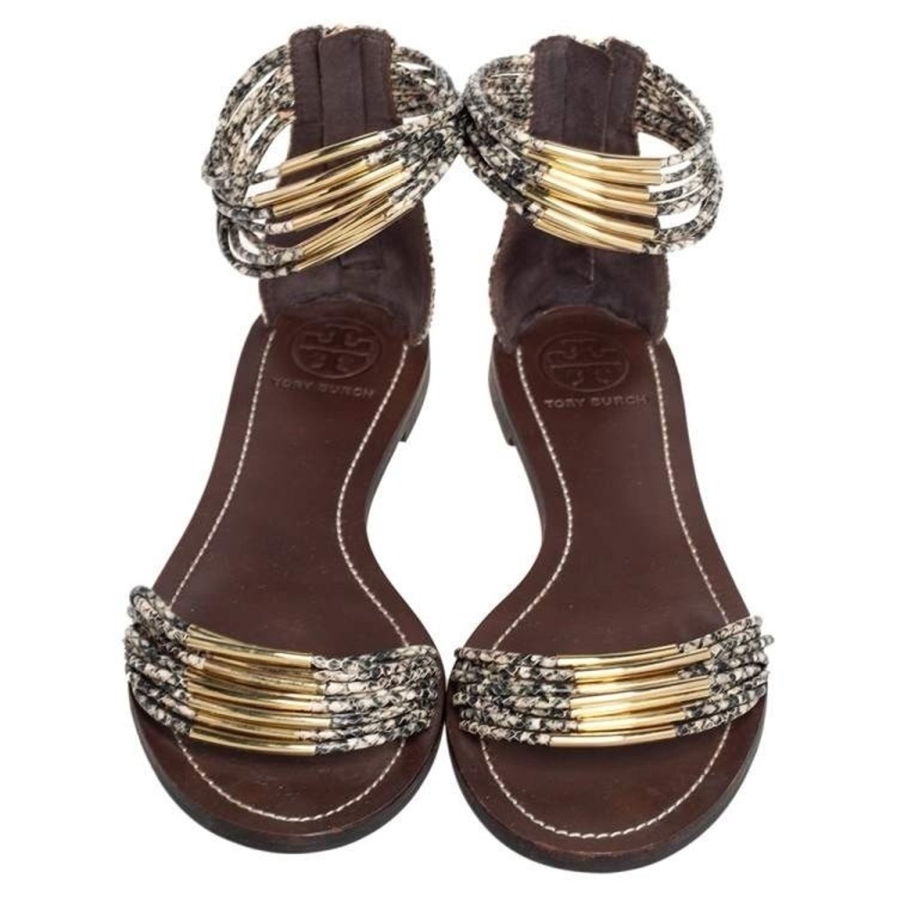 Tory Burch Mignon Rings Flat Sandals –Size 7.5 -  Snake Print & Gold Hardware